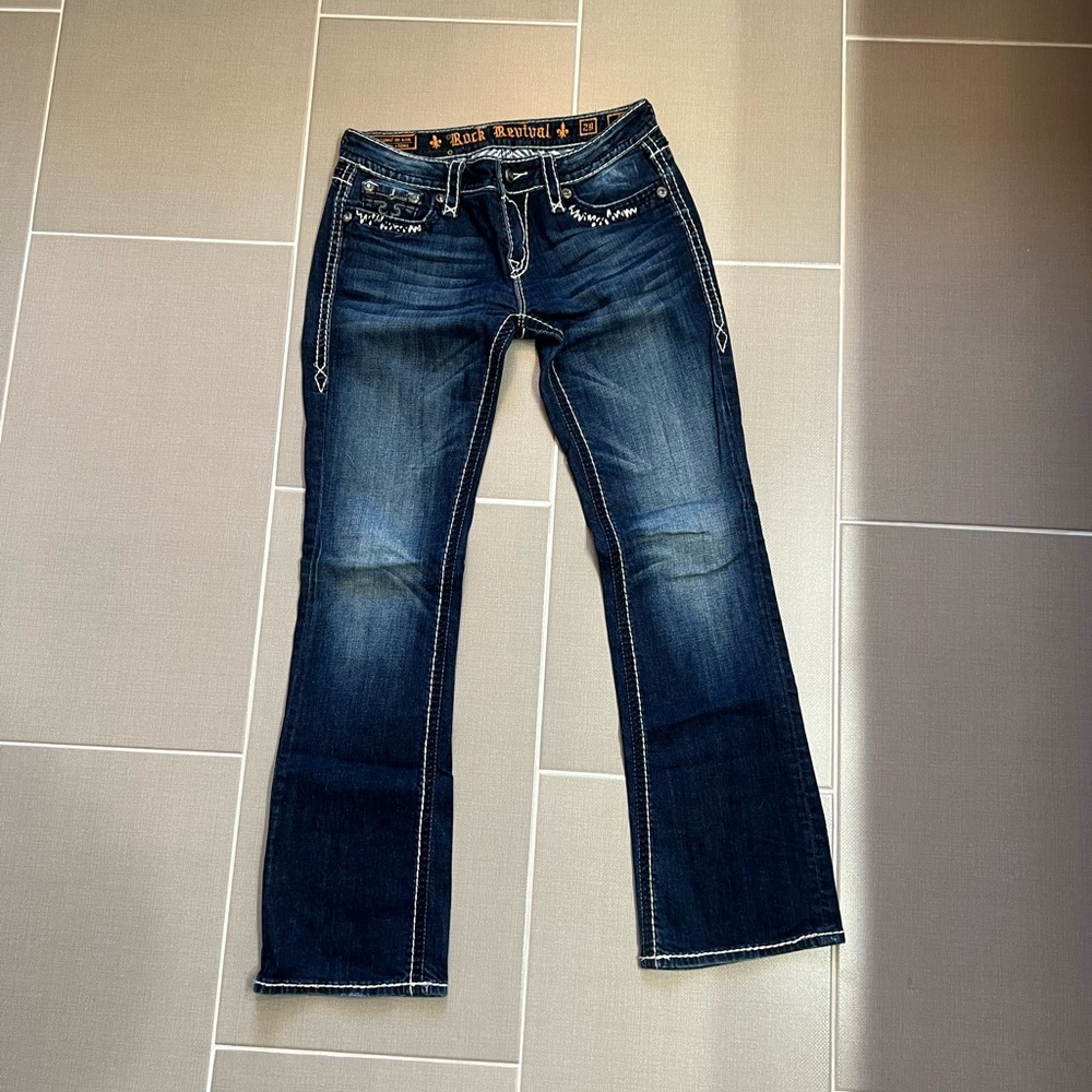 Rock Revival womens jeans. Dark wash. Gem detailing.